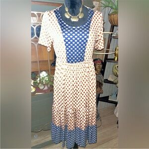 Blue and Cream Polka Dot Short-Sleeve Midi Dress